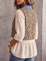 Vintage Elegantes Patchwork Denim Leoparden Spitze Baumwolle-Leinen Hemd