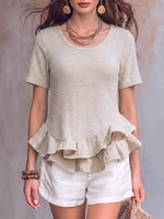 Damen T-Shirt mit Rundhalsausschnitt, einfarbig, kurzärmelig, lässig, locker, aus Baumwoll-Leinen