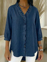 Camicia casual da donna in denim con scollo a V e volant