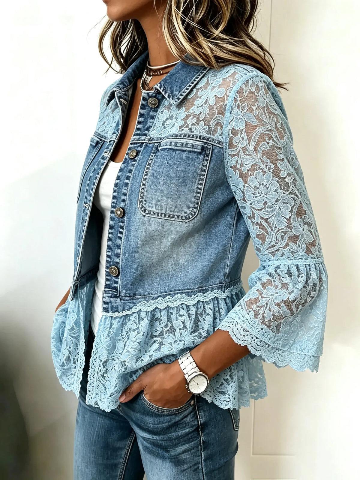 Chaqueta corta de mezclilla para mujer con encaje floral combinado