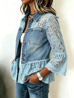 Chaqueta corta de mezclilla para mujer con encaje floral combinado
