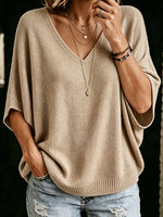 Damen Oversized V-Ausschnitt Fledermaus-Kurzarm Strickpullover Top