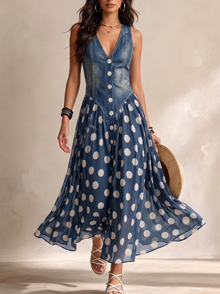 Vestido casual sin mangas de mezclilla con paneles de chiffon de lunares elegante