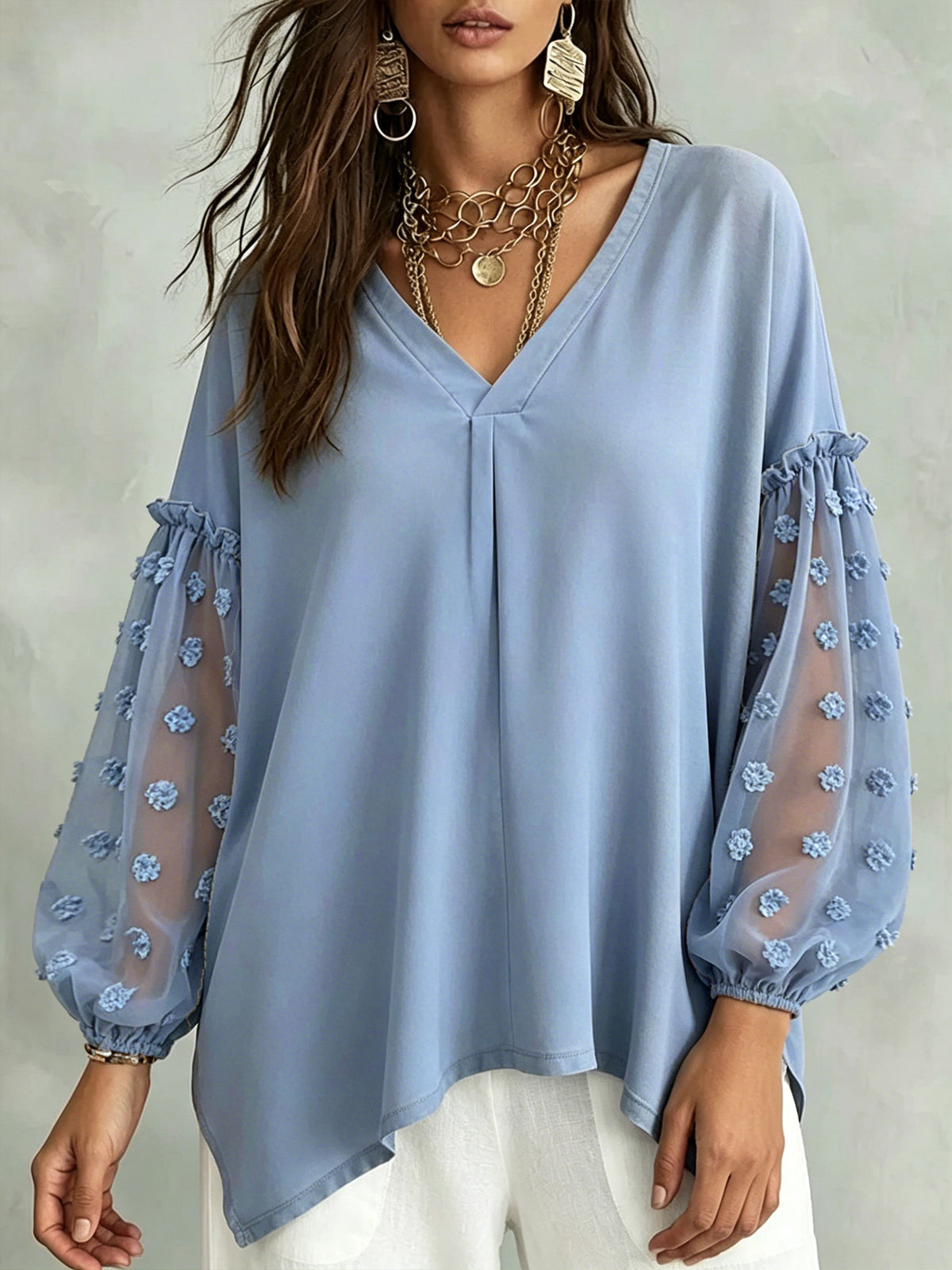 Blouse ample pour femme à manches longues bouffantes, col en V, en mesh avec application florale