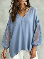 Blouse ample pour femme à manches longues bouffantes, col en V, en mesh avec application florale