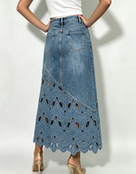 Boho-Blumenmuster mit Ausschnitten Asymmetrischer Denim-Midirock