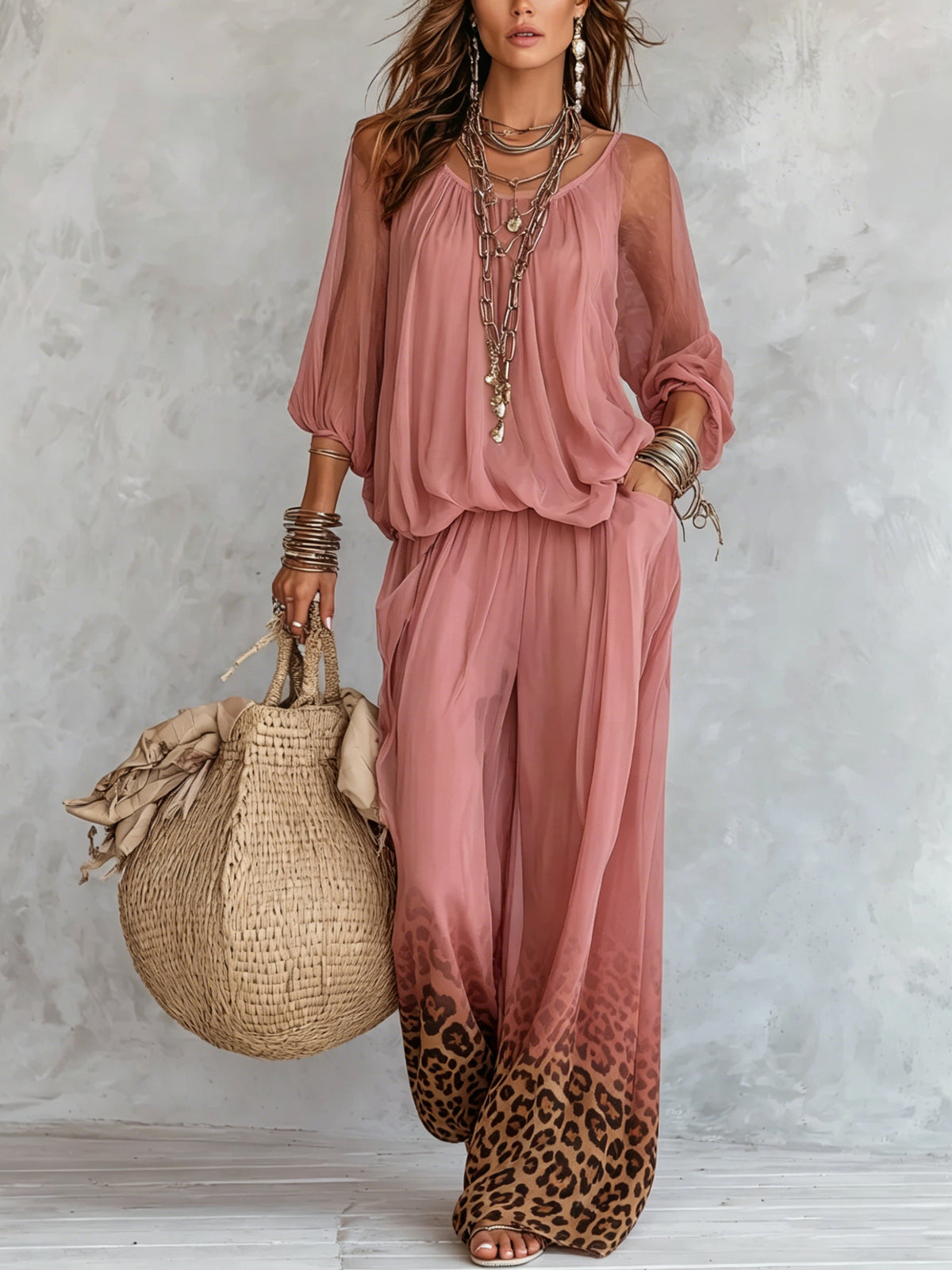 Conjunto de pierna ancha con degradado y estampado de leopardo rosa para mujer