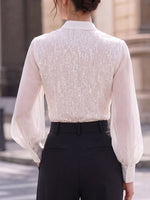 Blusa casual de gasa para mujer, de color sólido, con cuello en V, manga larga, corte holgado y paneles con lentejuelas.