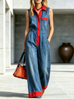 Damen Jumpsuit aus Denim mit weitem Bein, ärmellos und rotem Kontrastbesatz