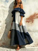 Maxikleid für Damen mit Polka-Dots, Streifen, Farbblock, Rüschen, schulterfrei und Spaghettiträgern