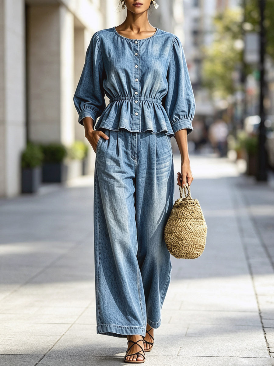 Rüschiger Rundhals-Button-Art Freizeit-Top und Hose Denim Zweiteiler Set
