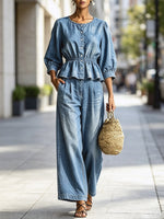 Rüschiger Rundhals-Button-Art Freizeit-Top und Hose Denim Zweiteiler Set