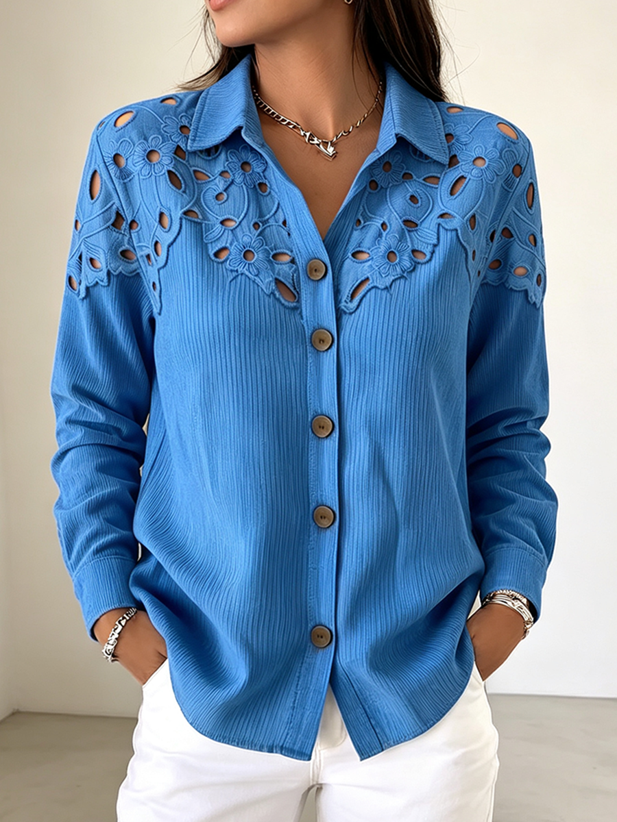 Camicia elegante in velluto a coste con pannelli traforati a motivo floreale