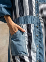 Waschbare Denim-Multistreifen-Splice Stehkragen Laternenärmel Vollknopf Lockerer Maxi-Hemdkleid