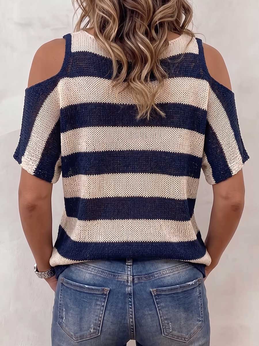 Damen gestreiftes V-Ausschnitt Off-Shoulder Kurzarm lässiges lockeres Strickoberteil