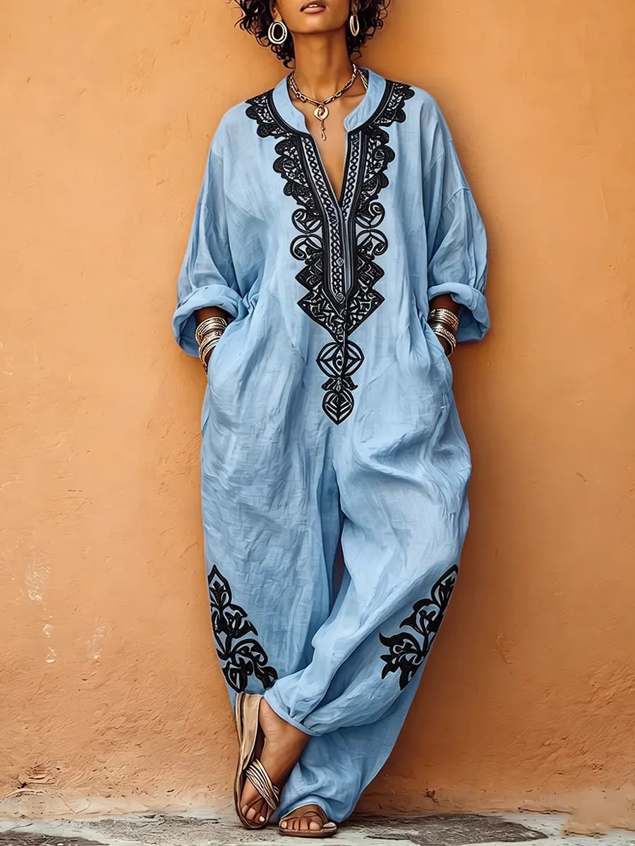 Boho-Chic Leinen-Jumpsuit mit V-Ausschnitt und Haremsschnitt