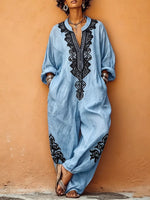 Boho-Chic Leinen-Jumpsuit mit V-Ausschnitt und Haremsschnitt