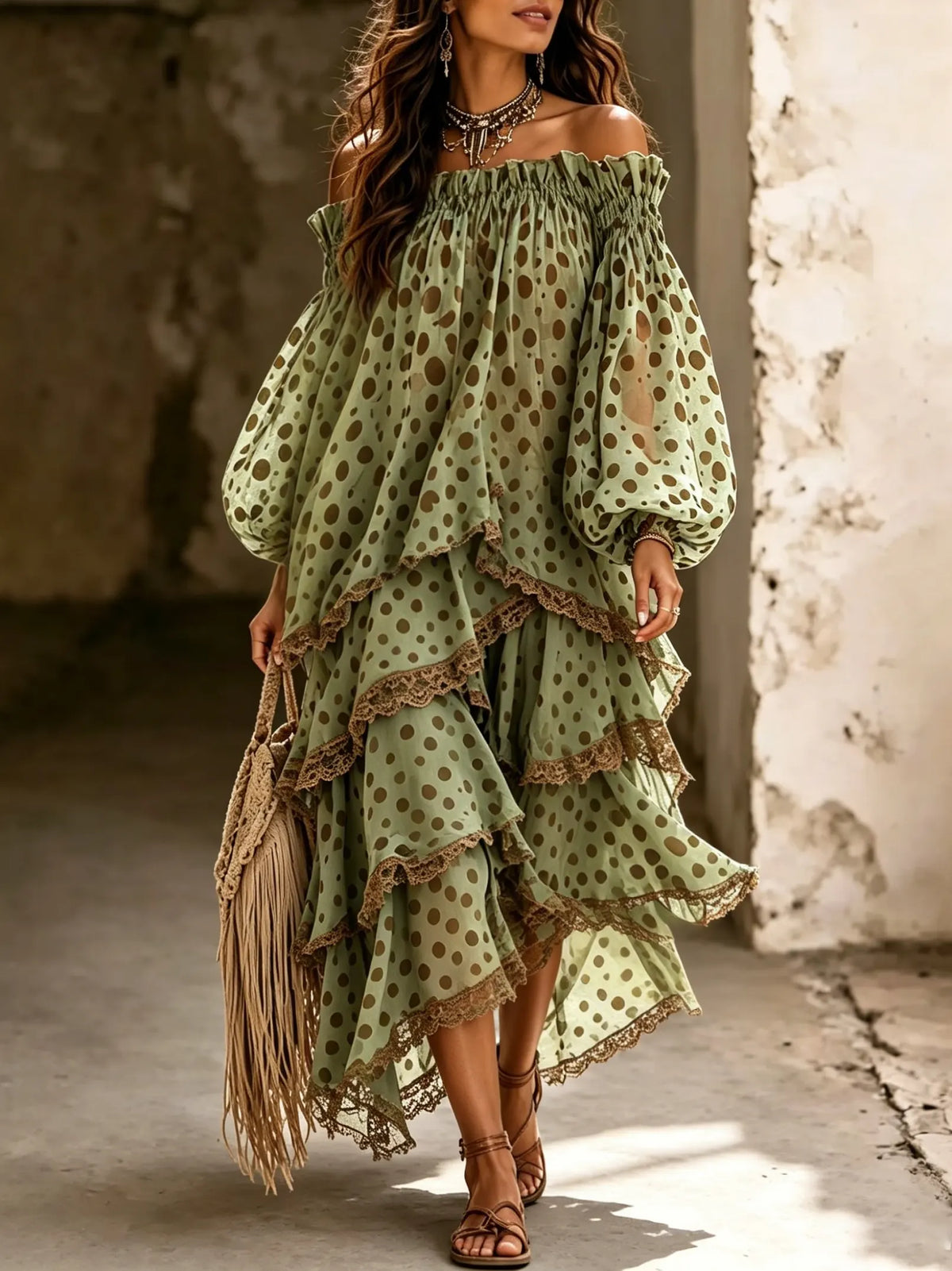 Damen Maxikleid mit großen Polka-Dots, Spitzenbesatz, schulterfreiem Design und unregelmäßig gestuften Lagen