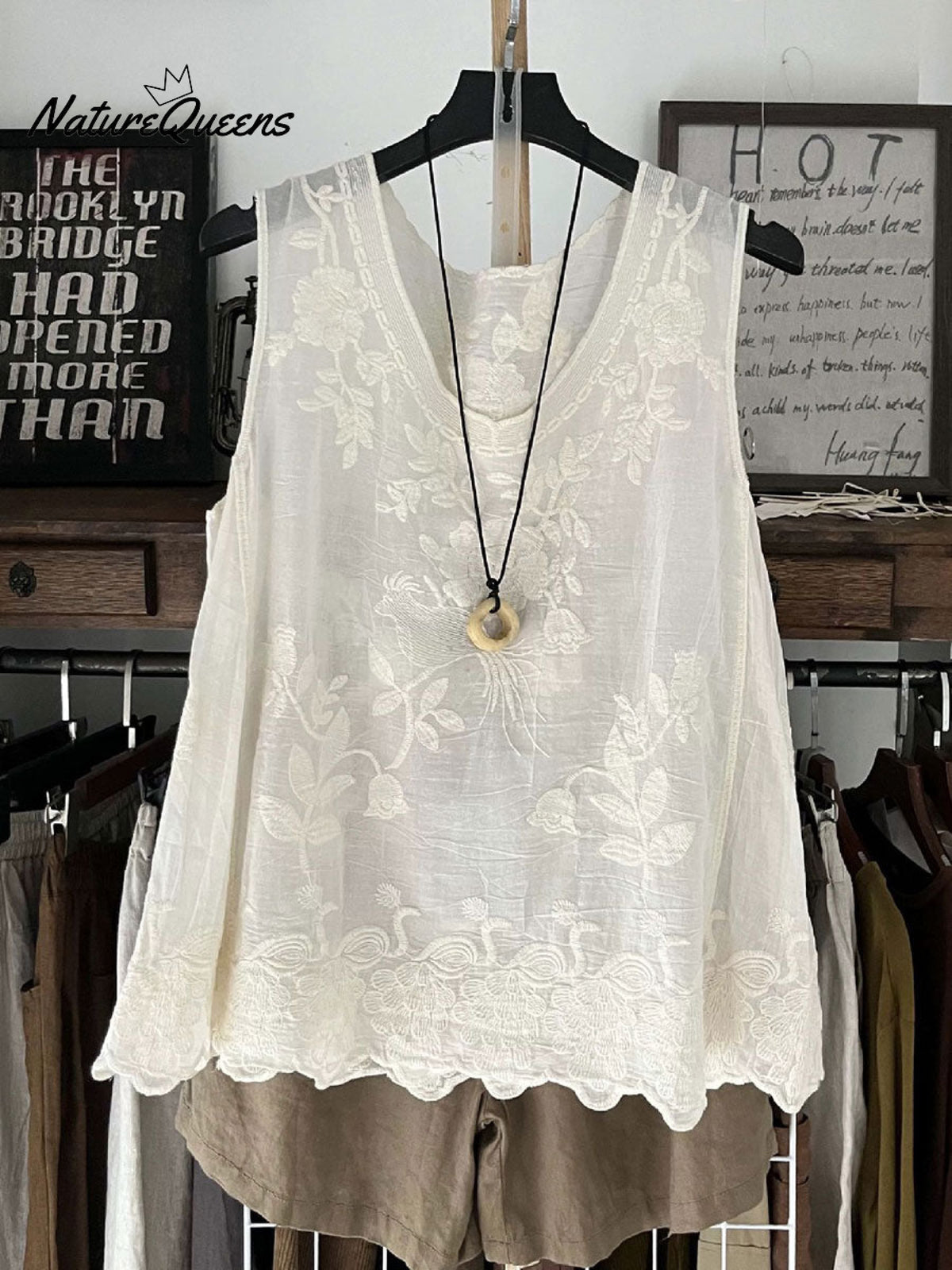 Top de chaleco sin mangas para mujer, vintage, de encaje, algodón y lino