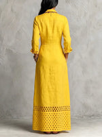 Radiant Yellow Cutout Hem Cotton Linen Maxi Shirt Dress