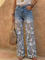 Jeans con patchwork y recortes de encaje para mujer