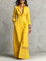 Radiant Yellow Cutout Hem Cotton Linen Maxi Shirt Dress