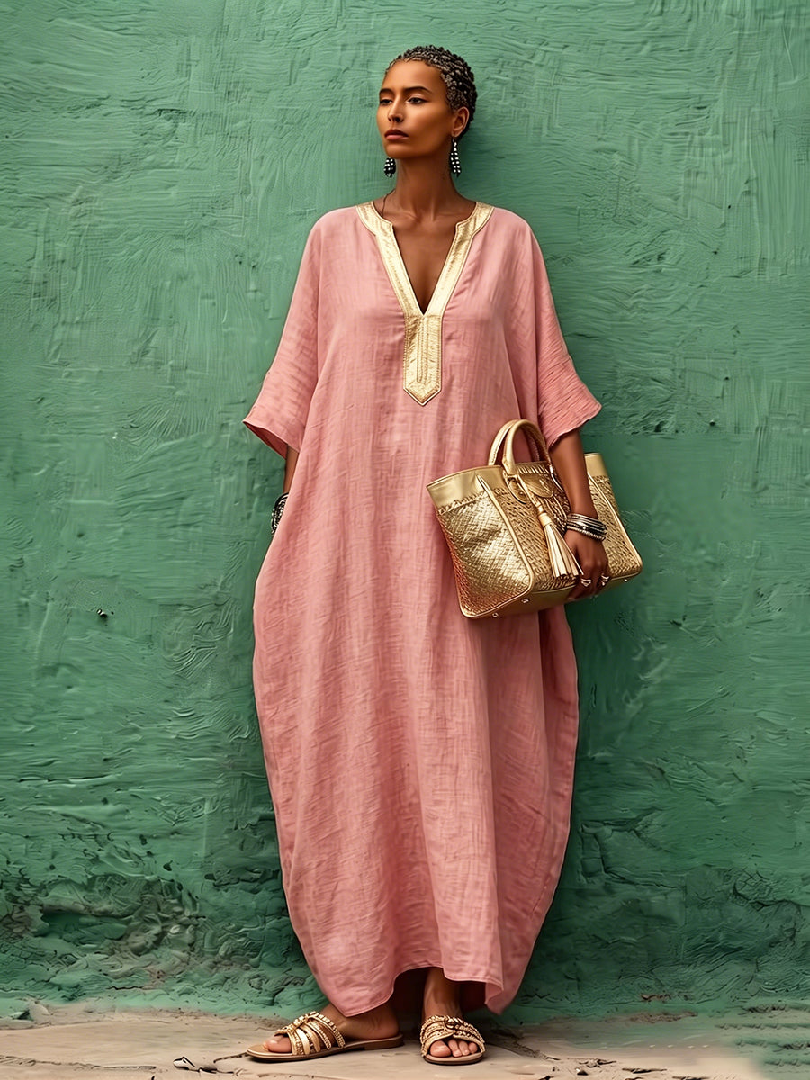 Vestido maxi bohemio de algodón y lino con escote en V color dorado