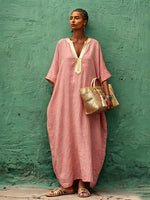 Vestido maxi bohemio de algodón y lino con escote en V color dorado