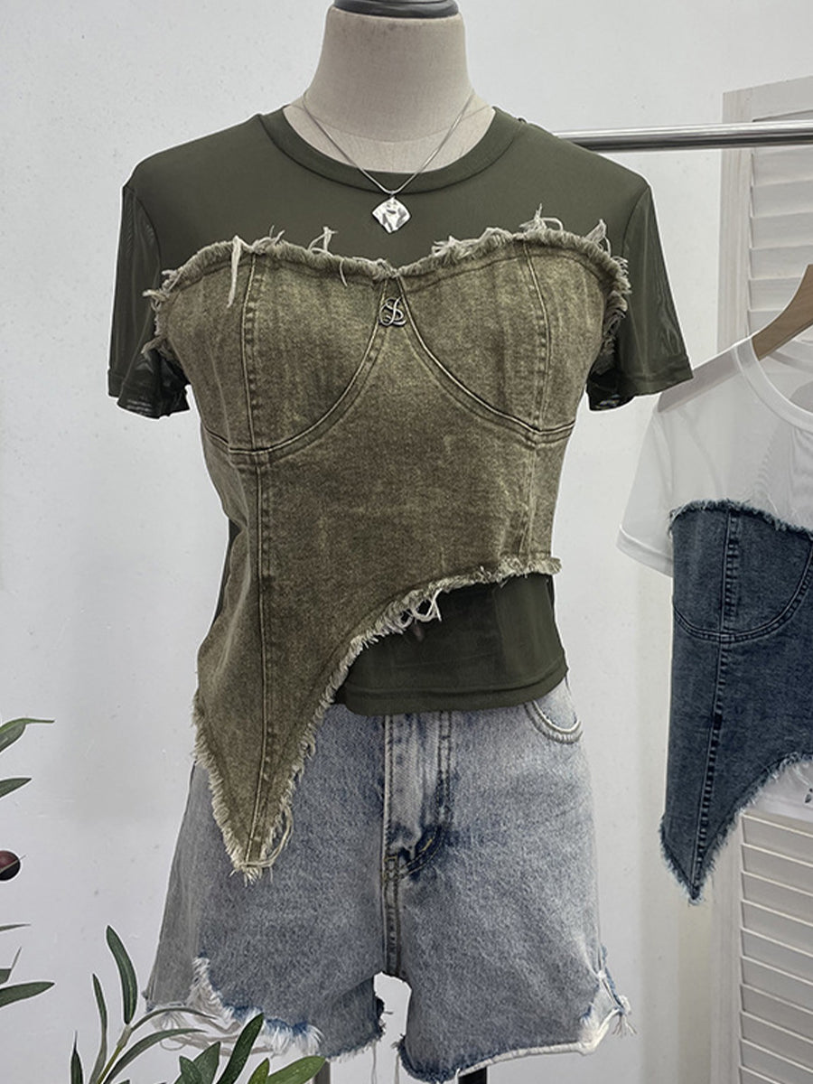 Stylisches lässiges Denim-Oberteil mit elastischen Mesh-Einsätzen