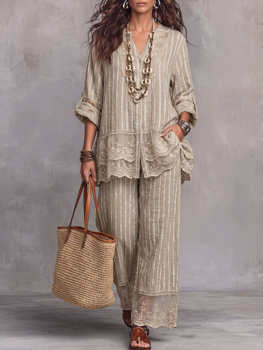 Vintage Elegant Patchwork Floral Embroidery Sheer Panel Shirt Set