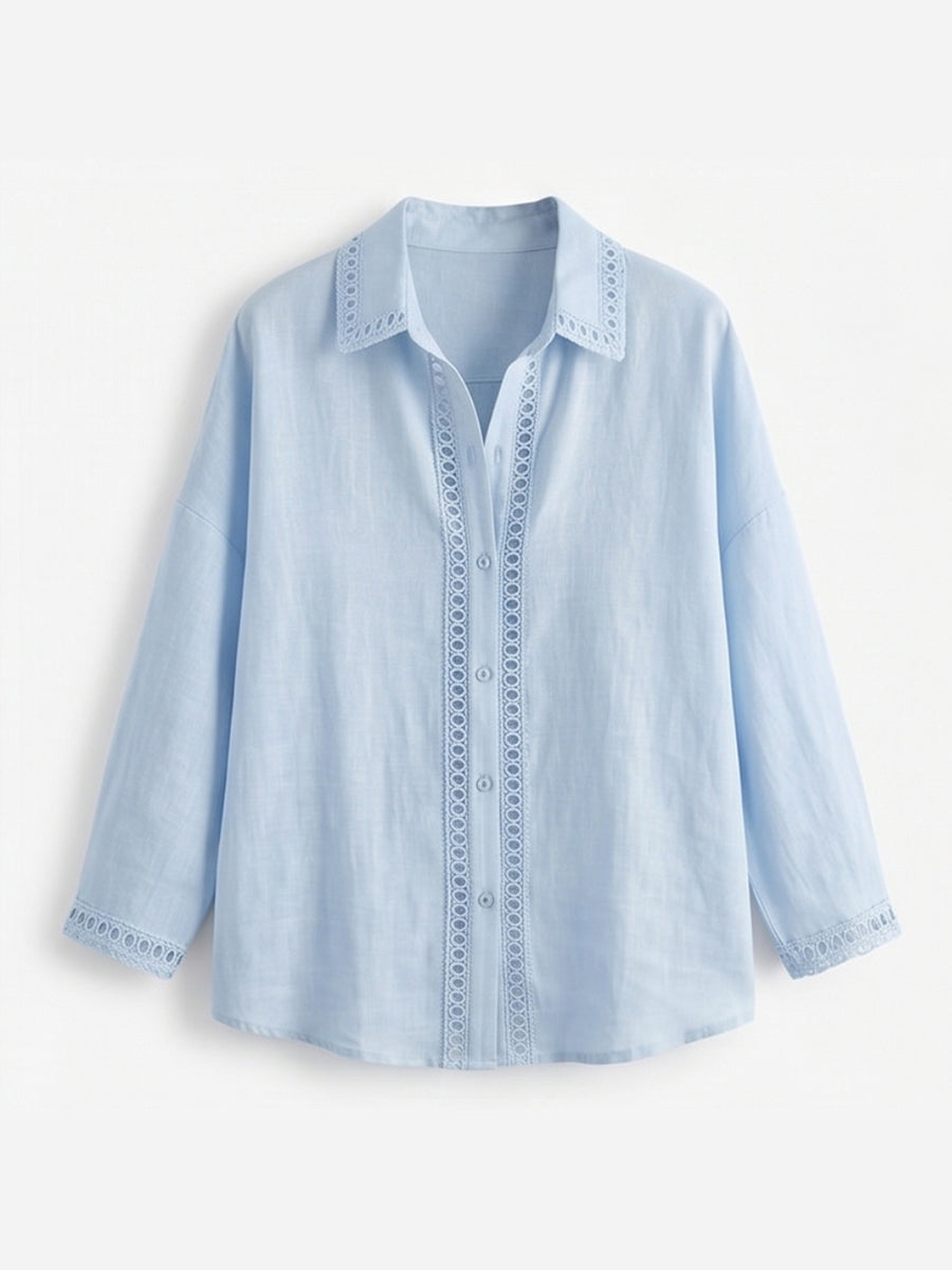 Camicia casual a maniche lunghe in lino e cotone con inserto in nastro traforato