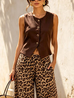 Ensemble deux pièces décontracté style rétro avec gilet et pantalon large à motif léopard