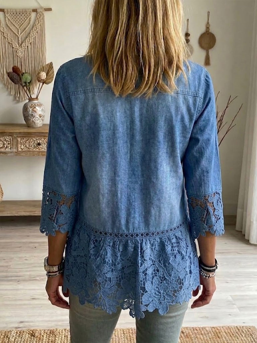 Lässiges Denim-Hemd mit Spitzen-Patchwork