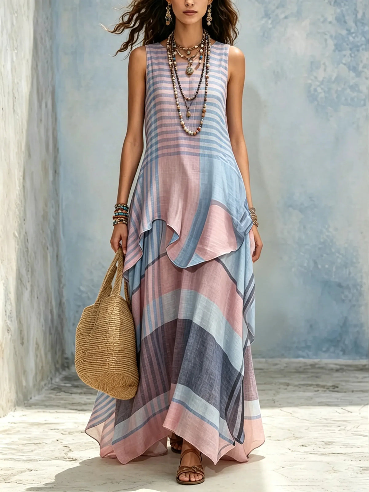 Robe maxi de vacances pour femme, sans manches, à rayures horizontales contrastées rose et bleu, fluide et asymétrique.