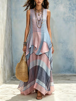 Robe maxi de vacances pour femme, sans manches, à rayures horizontales contrastées rose et bleu, fluide et asymétrique.