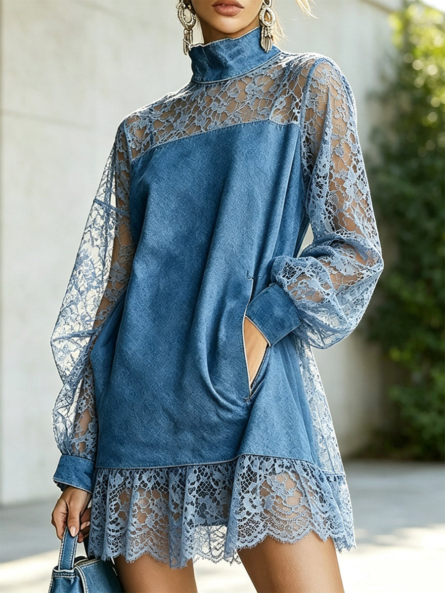 Jeans- und Spitzen-Patchwork, locker, kunstvoll, lässig, stilvoll, langärmliges kurzes Kleid