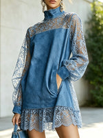 Jeans- und Spitzen-Patchwork, locker, kunstvoll, lässig, stilvoll, langärmliges kurzes Kleid