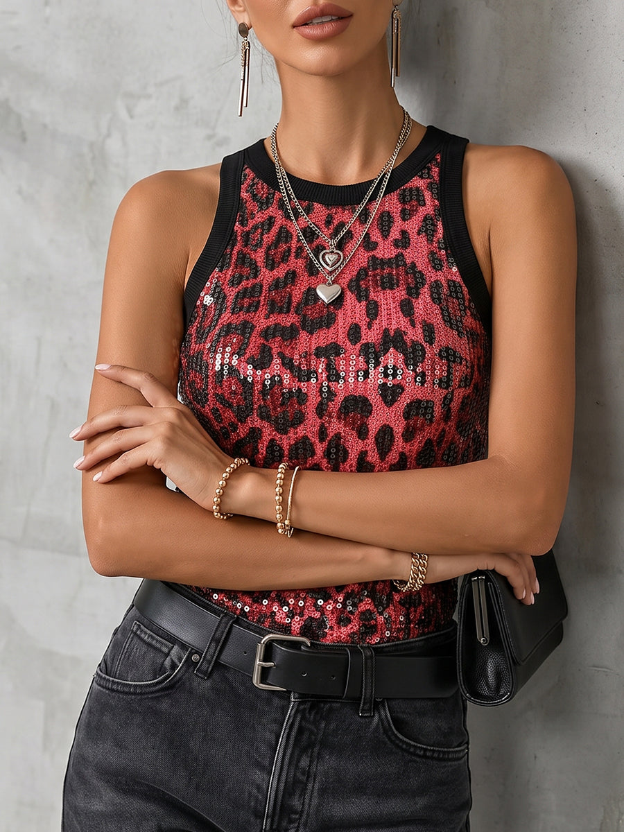 Stilvolles ärmelloses Stricktop mit Pailletten und Leopardenmuster