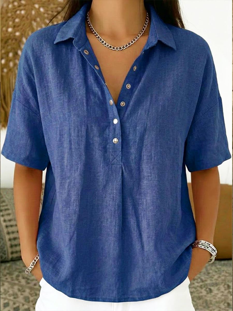 Chemise décontractée à col polo, manches courtes, en lin et coton