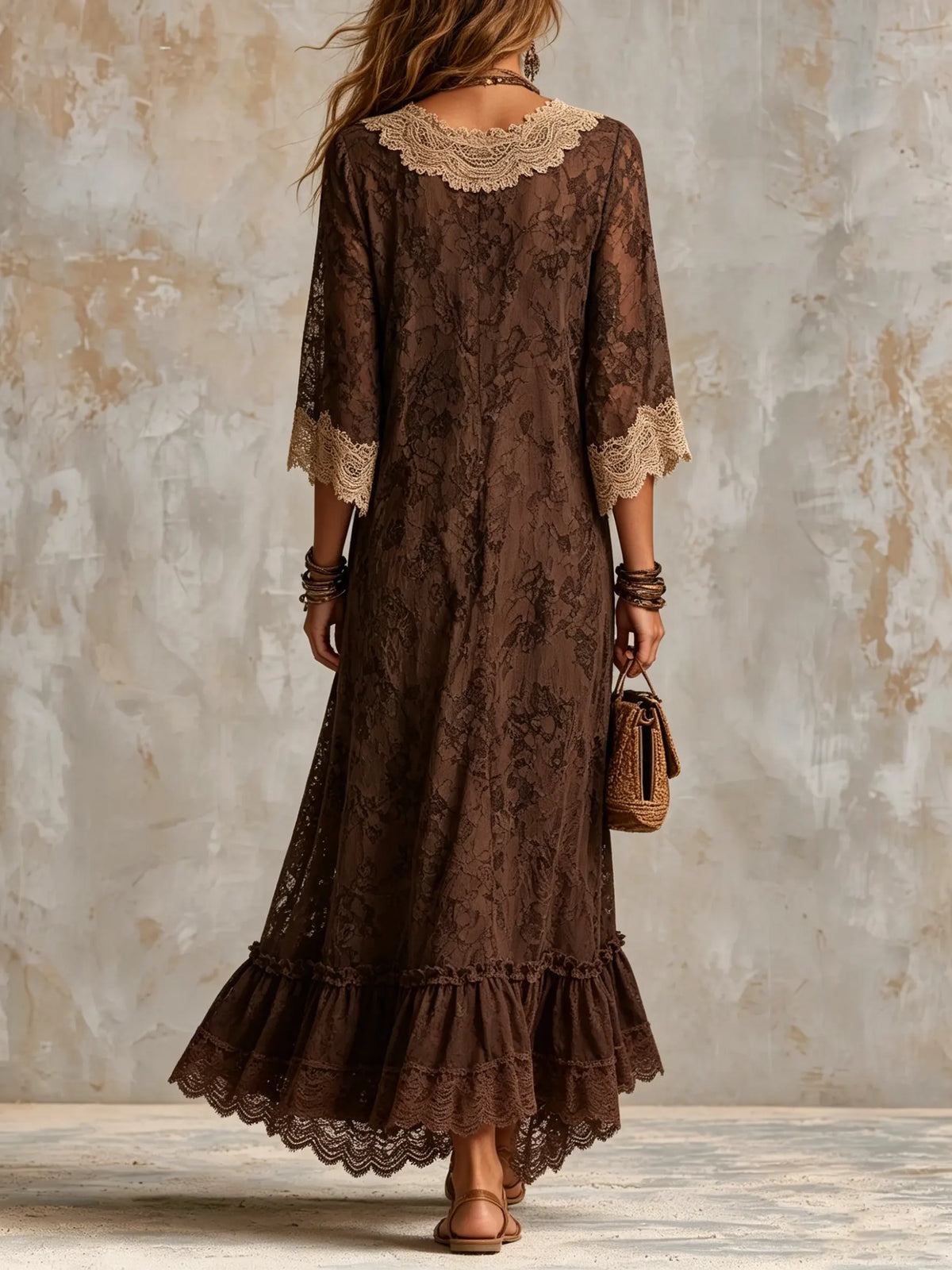 Maxikleid für Damen im Boho-Stil mit Blumenmuster, Spitze und Volants