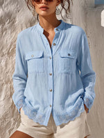 Damen Langarmshirt aus Baumwoll-Leinen mit Stehkragen, einfarbig, locker geschnitten, mit Spitzenbesatz