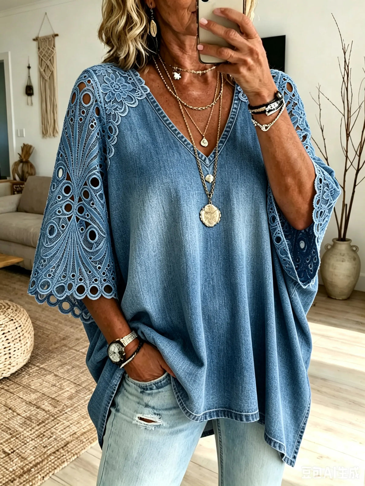 Blusa holgada de mezclilla lavada con bordado floral de ojales para mujer y escote en V