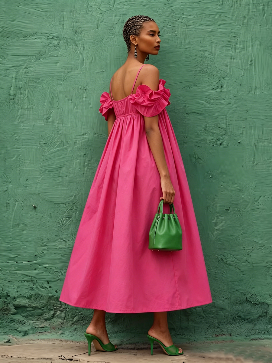 Vestido elegante rosa fuerte sin hombros con cuello con volantes