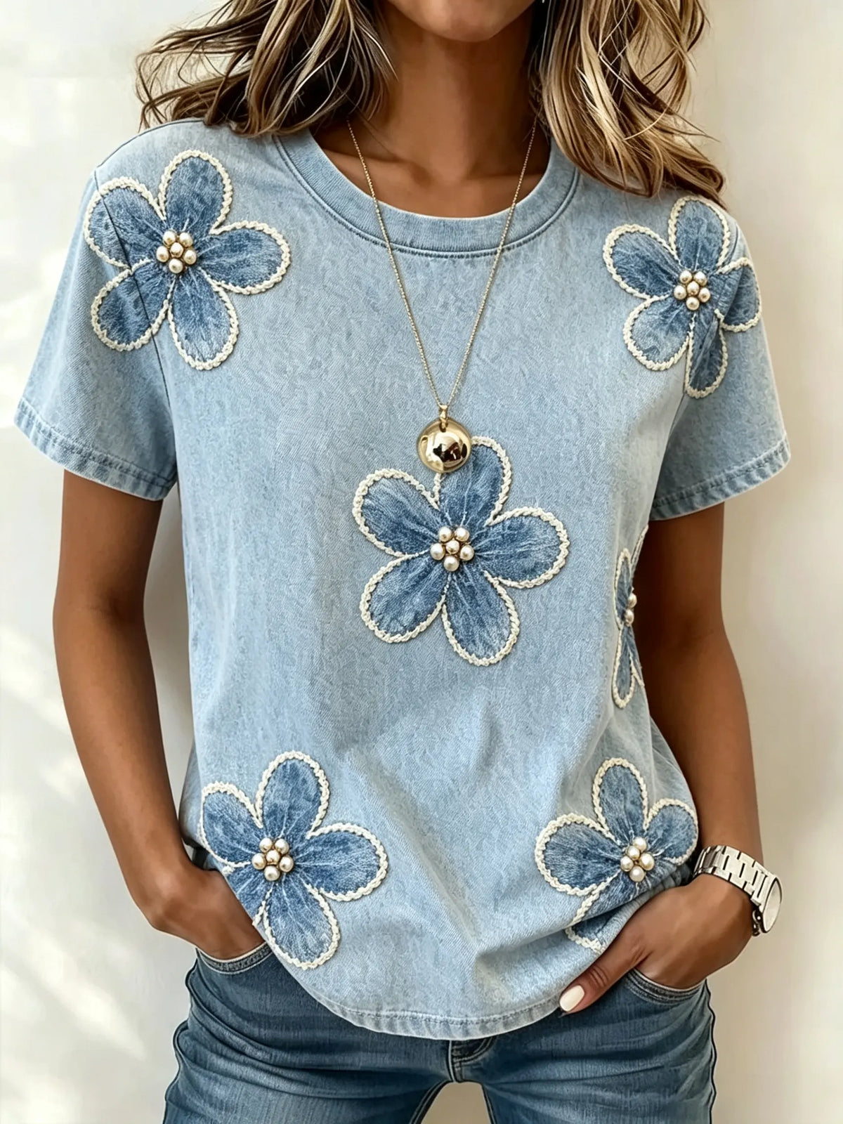 T-shirt en denim pour femme avec application de perles et fleurs