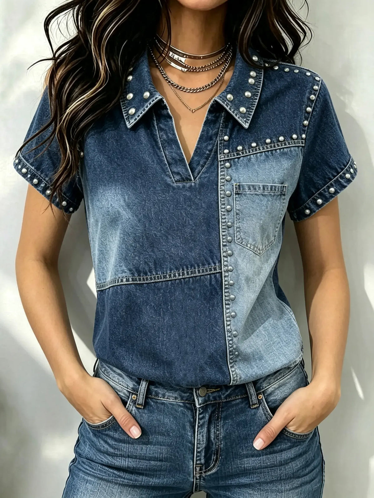 Damen Jeanshemd mit Nieten, Patchwork und V-Ausschnitt