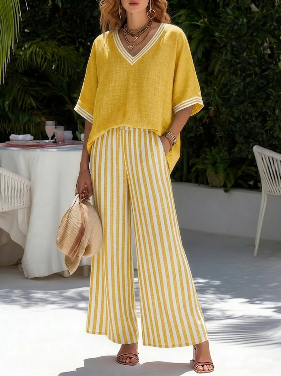 Completo casual due pezzi: top patchwork a righe in lino e cotone e pantaloni a righe