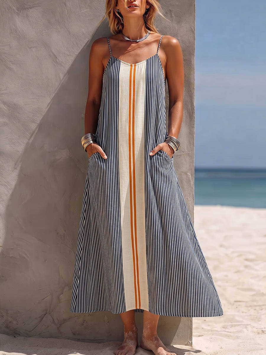 Damen gestreiftes, bedrucktes, ärmelloses, lässiges, lockeres Baumwoll-Leinen-Camisole-Kleid mit V-Ausschnitt