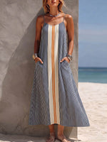Damen gestreiftes, bedrucktes, ärmelloses, lässiges, lockeres Baumwoll-Leinen-Camisole-Kleid mit V-Ausschnitt