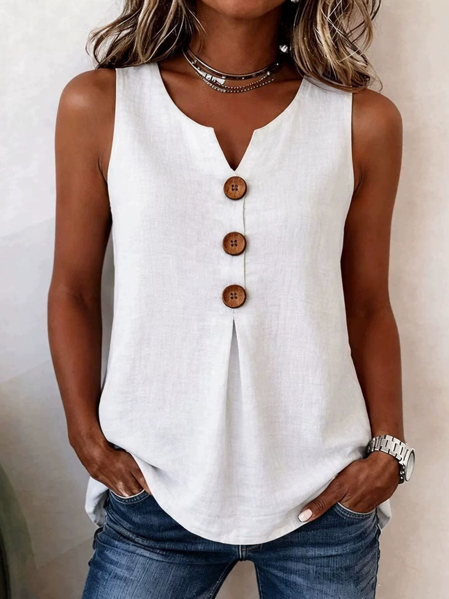 Top casual da donna in cotone e lino, senza maniche, scollo a V, tinta unita, vestibilità ampia