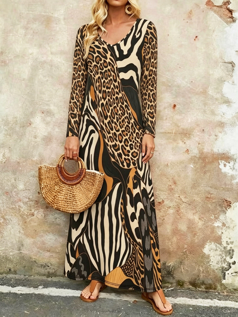 Damen Kleid mit Leopardenmuster, lässig, stilvoll, langärmlig